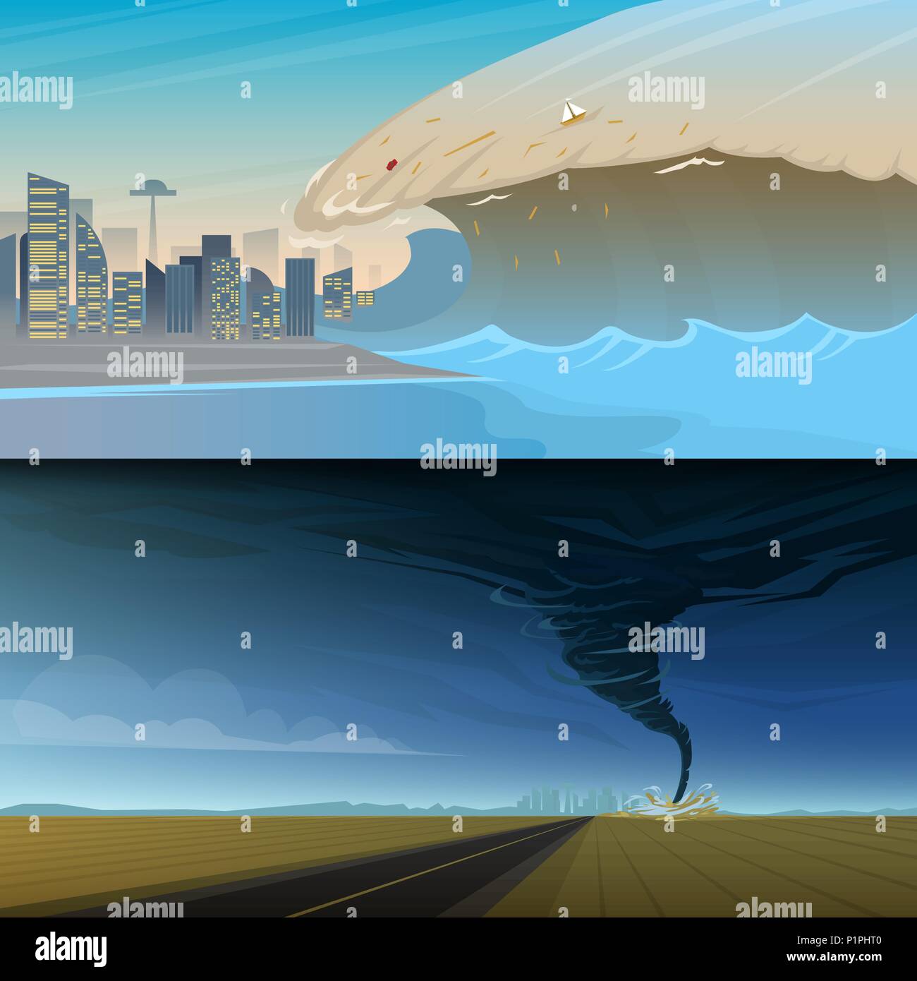 Tsunami und Verdrehen Tornado oder Sturm aus. Große Wellen und Meer Oberfläche. Landschaft der Überschwemmungen und Katastrophen. Sommerurlaub und Katastrophe. Natürliche Katastrophe Krise. Hohe Wasser- und grosse Wellen Hintergrund. Stock Vektor