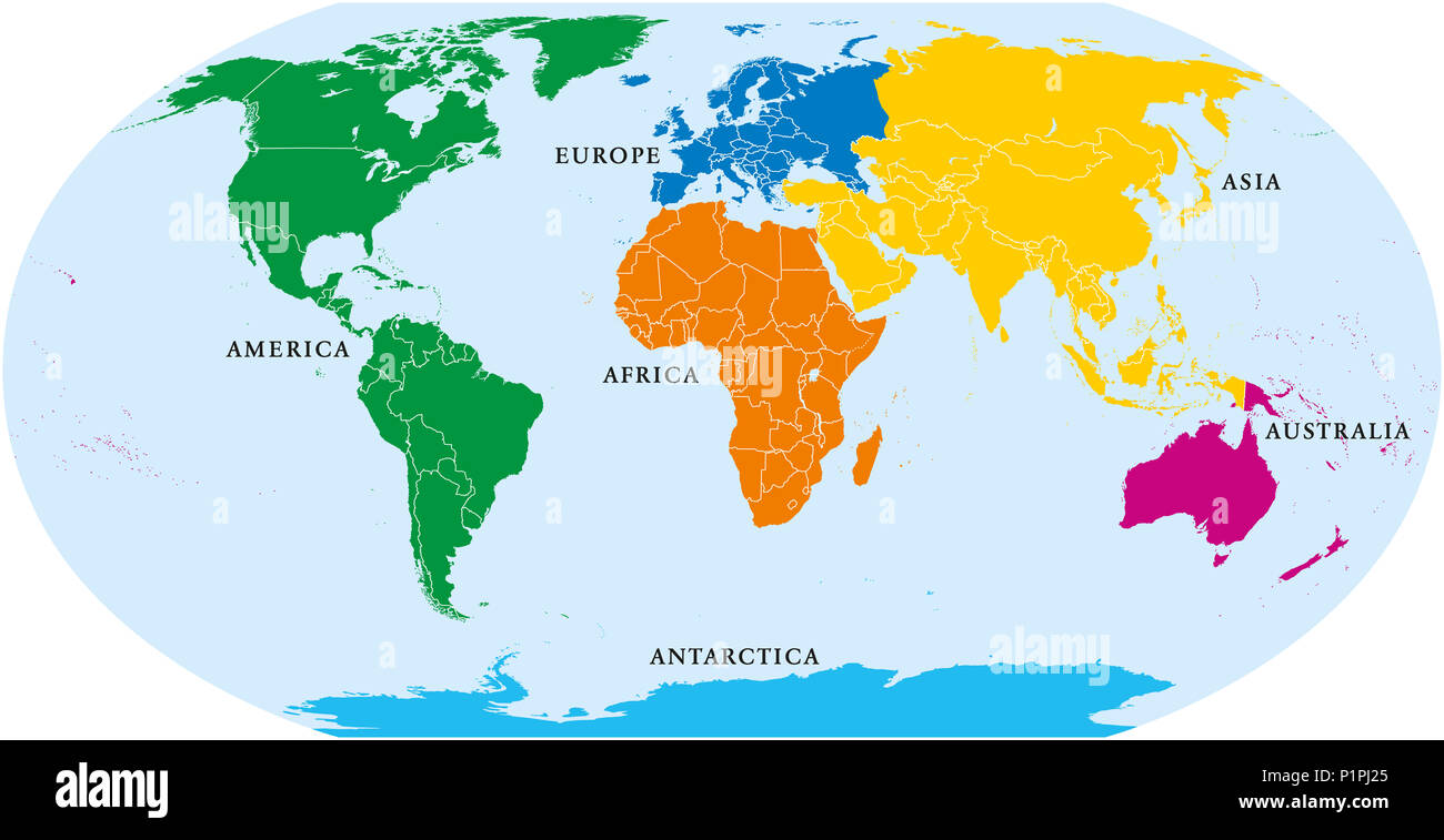 Sechs Kontinenten Welt, politische Karte. Nordamerika, Afrika, Antarktis, Asien, Australien und Europa, mit Küsten und Grenzen. Robinson Projektion. Stockfoto