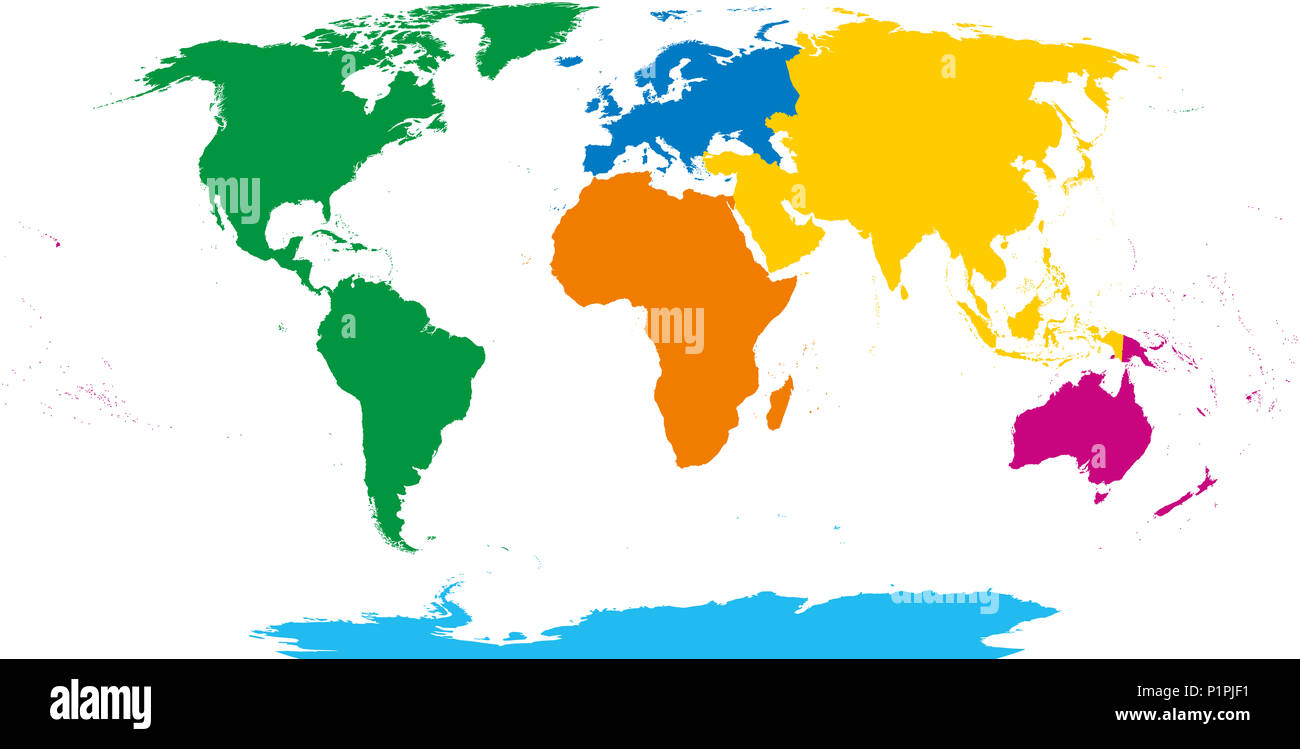 Sechs Kontinenten, Weltkarte. Afrika, Amerika, Antarktis, Asien, Australien und Europa. Umrisse und farbigen Formen. Robinson Projektion. Stockfoto