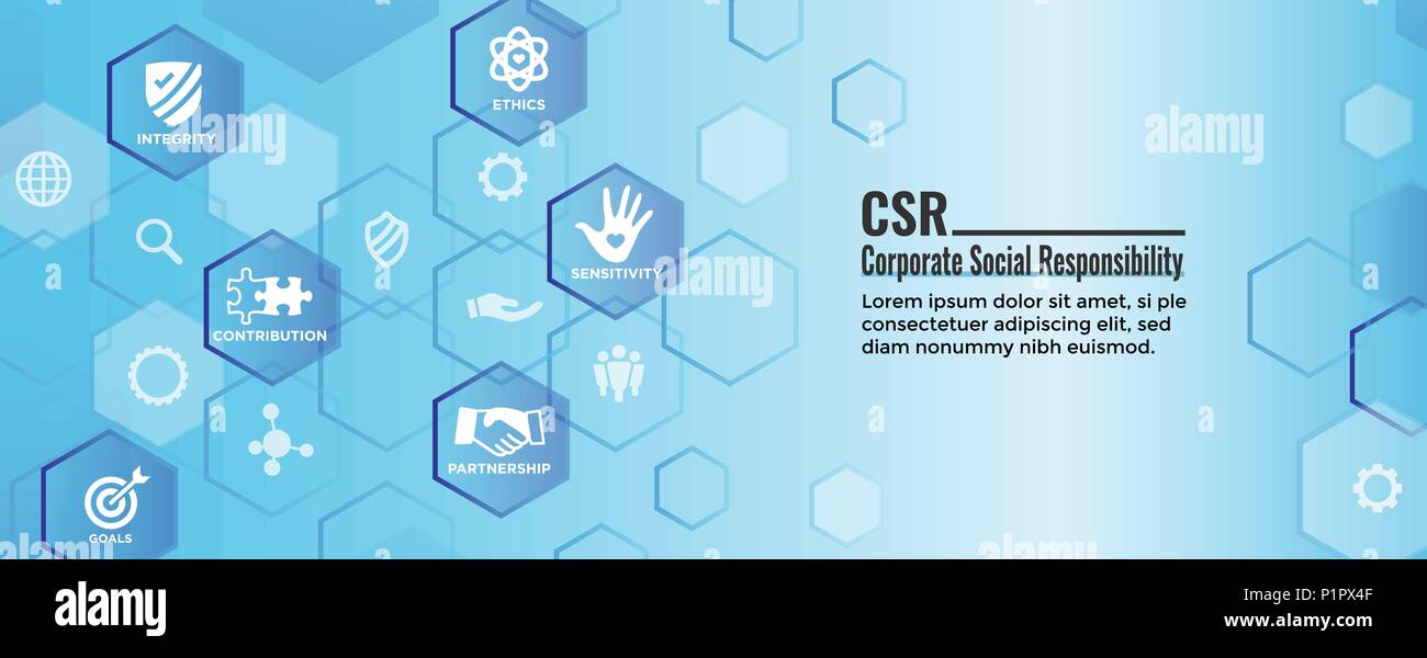 CSR - Corporate Social Responsibility Web Banner mit Icon Set mit Ehrlichkeit, Integrität, Zusammenarbeit, etc. Stock Vektor