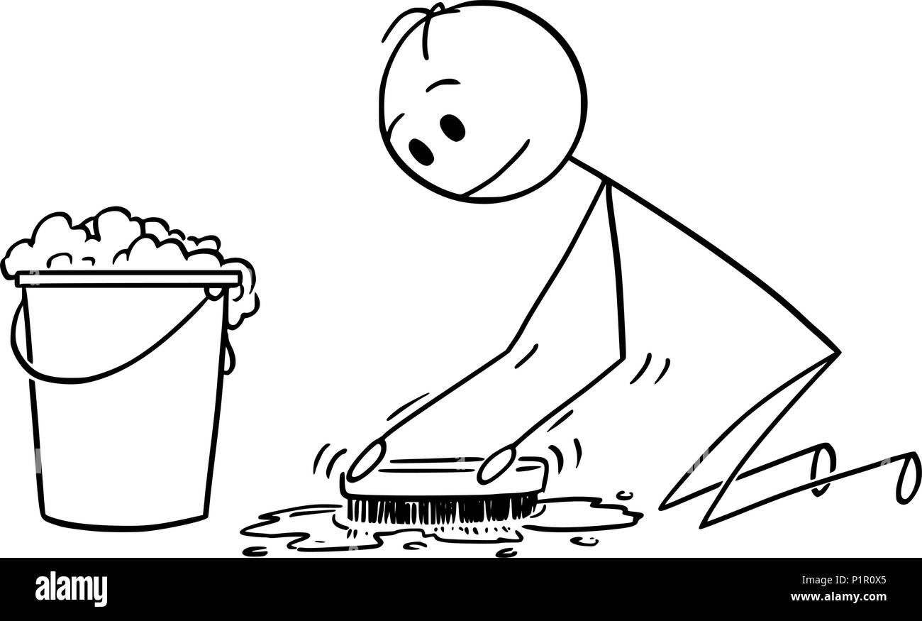 Cartoon von Mann Reinigung oder Bürsten mit Schrubber Stock Vektor