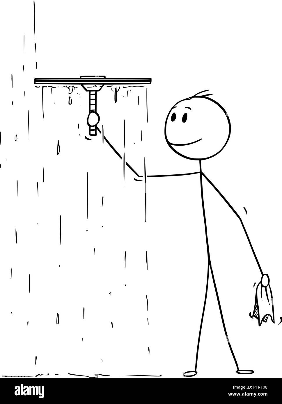 Cartoon von Mann Reinigung Fenster mit Rakel Stock Vektor