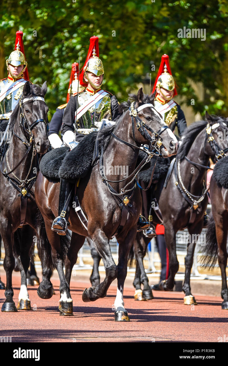 Truppe der Farbe 2018. Souveräns eskortieren Blues und Royals HCMR Truppen auf der Mall, London, Großbritannien Stockfoto