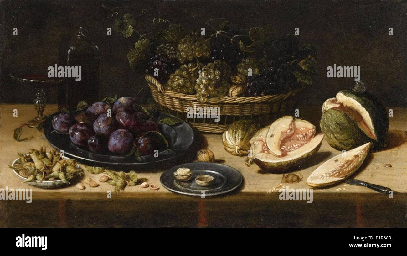 "die anderen" Jan van Kessel - Stilleben mit Pflaumen, Haselnüsse, Trauben und Melonen Stockfoto