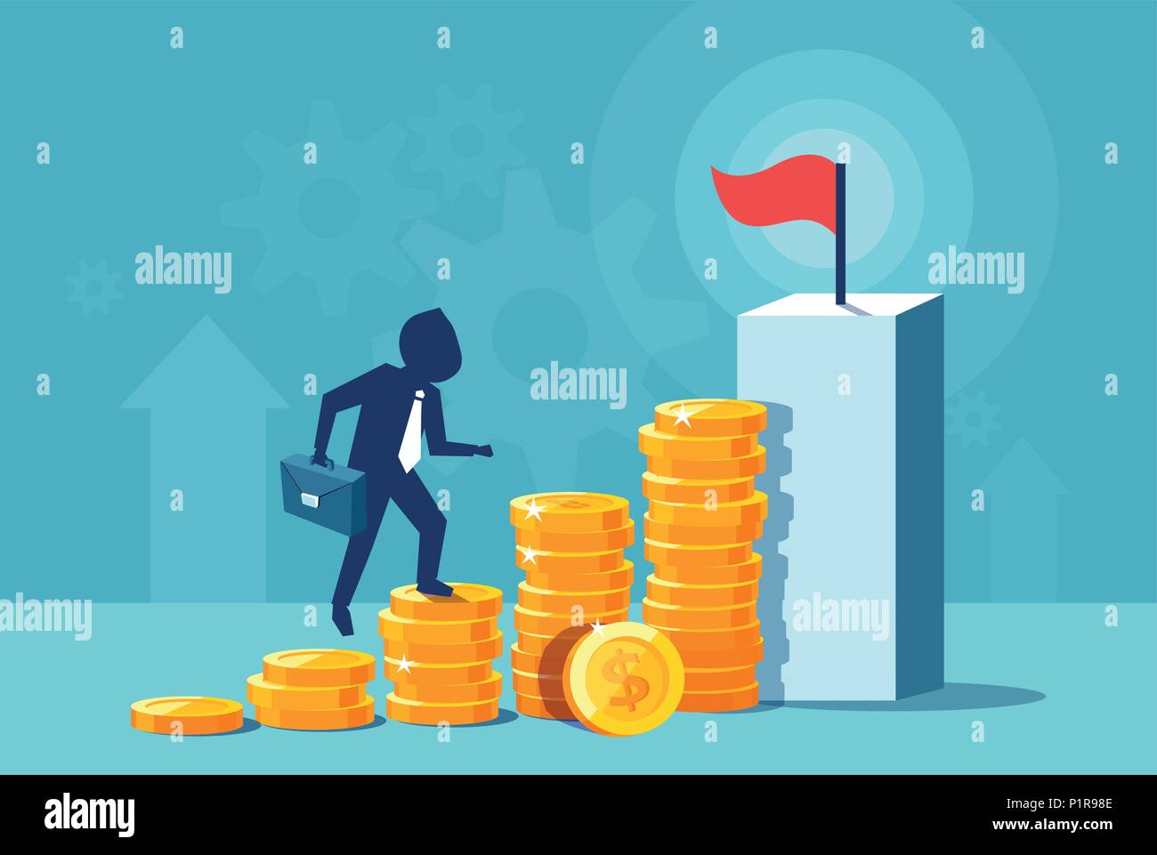 Vector Illustration der Geschäftsmann klettern Münzen zu Erreichen des Ziels. Stock Vektor