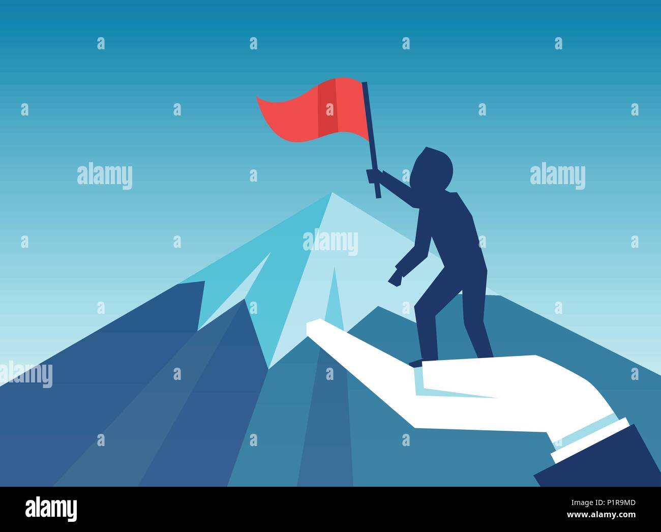 Konzept Vektor Bild des Menschen Climbing Mount und Top mit Hilfe von Investoren. Stock Vektor