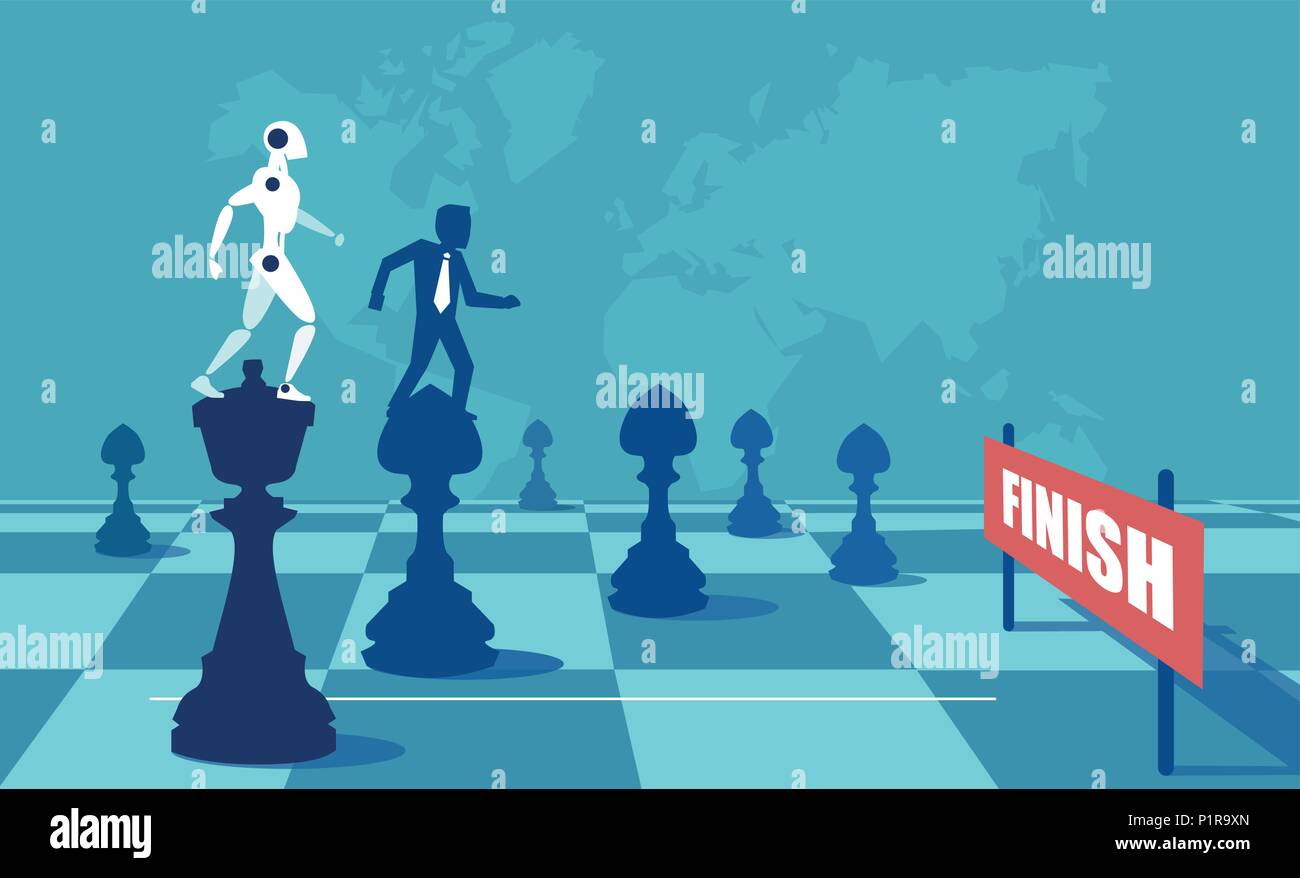 Vector Illustration von Roboter und Mensch auf der Schachfiguren, die Spiel an Bord erreichen Sie Ende in Rivalität. Stock Vektor