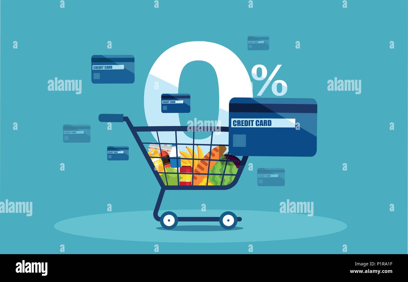Vektor eines Warenkorb und günstige Kreditkarte mit niedrigen Zinsen auf blauem Hintergrund Stock Vektor