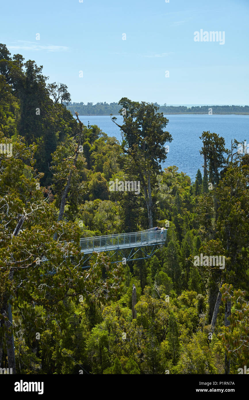 Touristen am Ausleger auf Treetop Walk, und Lake Mahinapua, in der Nähe von Hokitika, West Coast, South Island, Neuseeland (Model Released) Stockfoto