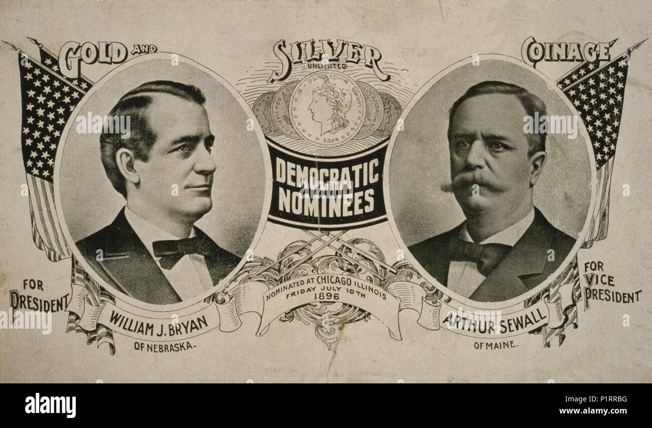 Demokratische Kandidaten für Präsident William J. Bryan von Nebraska und Arthur Sewall von Maine für Vizepräsidenten nominiert in Chicago, Illinois, am Freitag, den 10. Juli 1896. Stockfoto