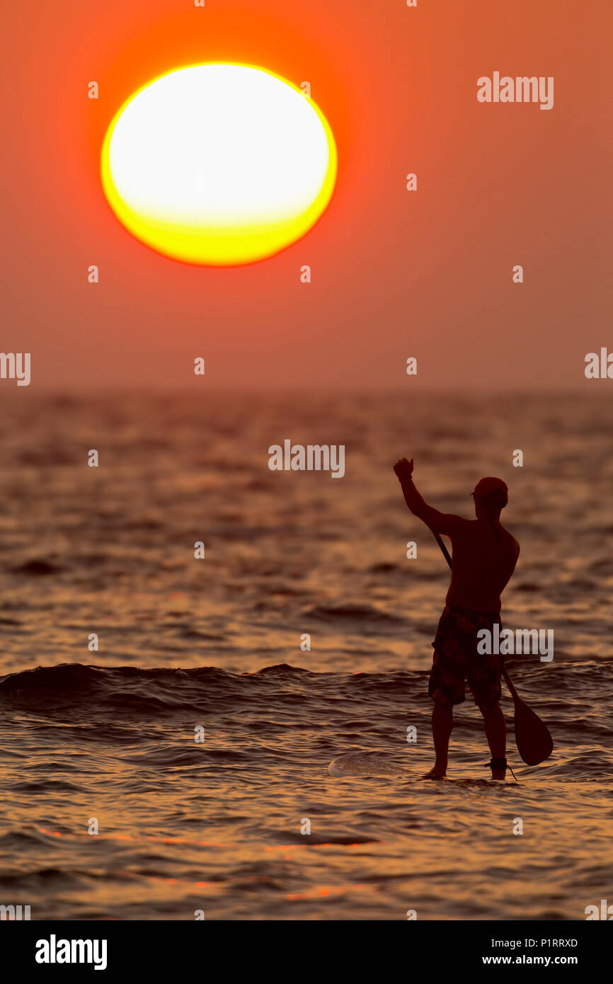 Stand up Paddler bei Sonnenuntergang, Kihei, Maui, Hawaii, Vereinigte Staaten von Amerika Stockfoto