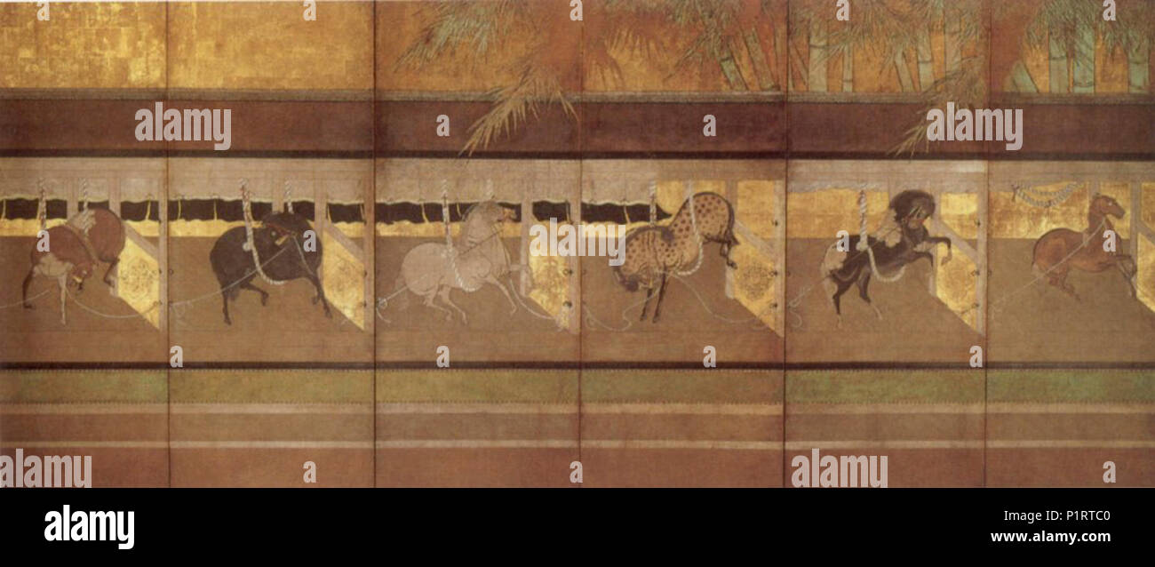 "Uma-ya" (stabil), Tinte, Farbe und Blattgold auf Papier montiert als sechsfache Bildschirm, c. Japan des 16. Jahrhunderts Stockfoto