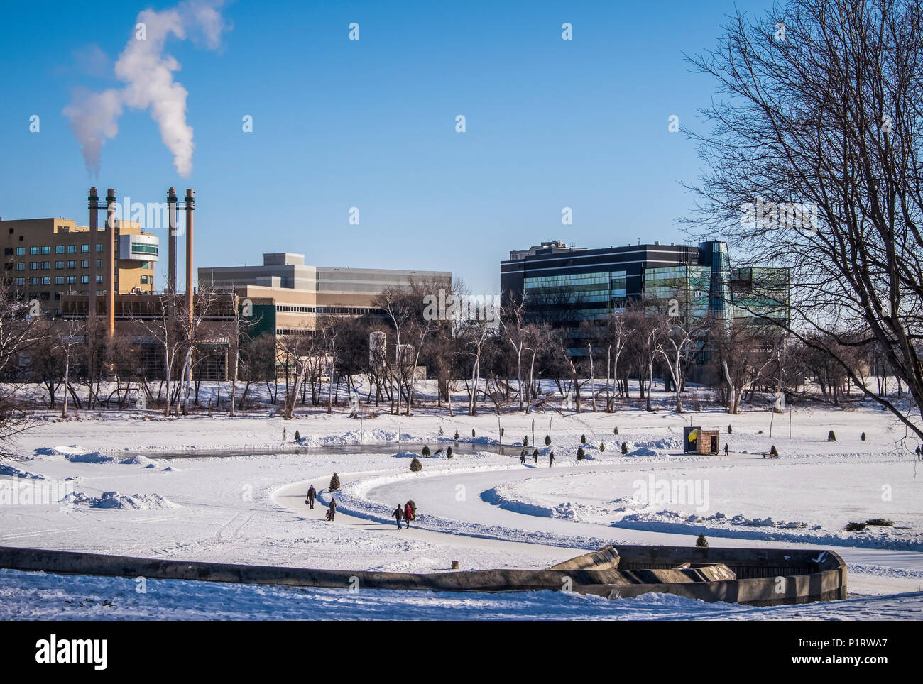 Die Laufen und Skaten entlang des Roten Flusses gegenseitige Trail in Winnipeg, wo künstlerische Erwärmung Hütten sind auf dem Bildschirm; Winnipeg, Manitoba, Kanada Stockfoto