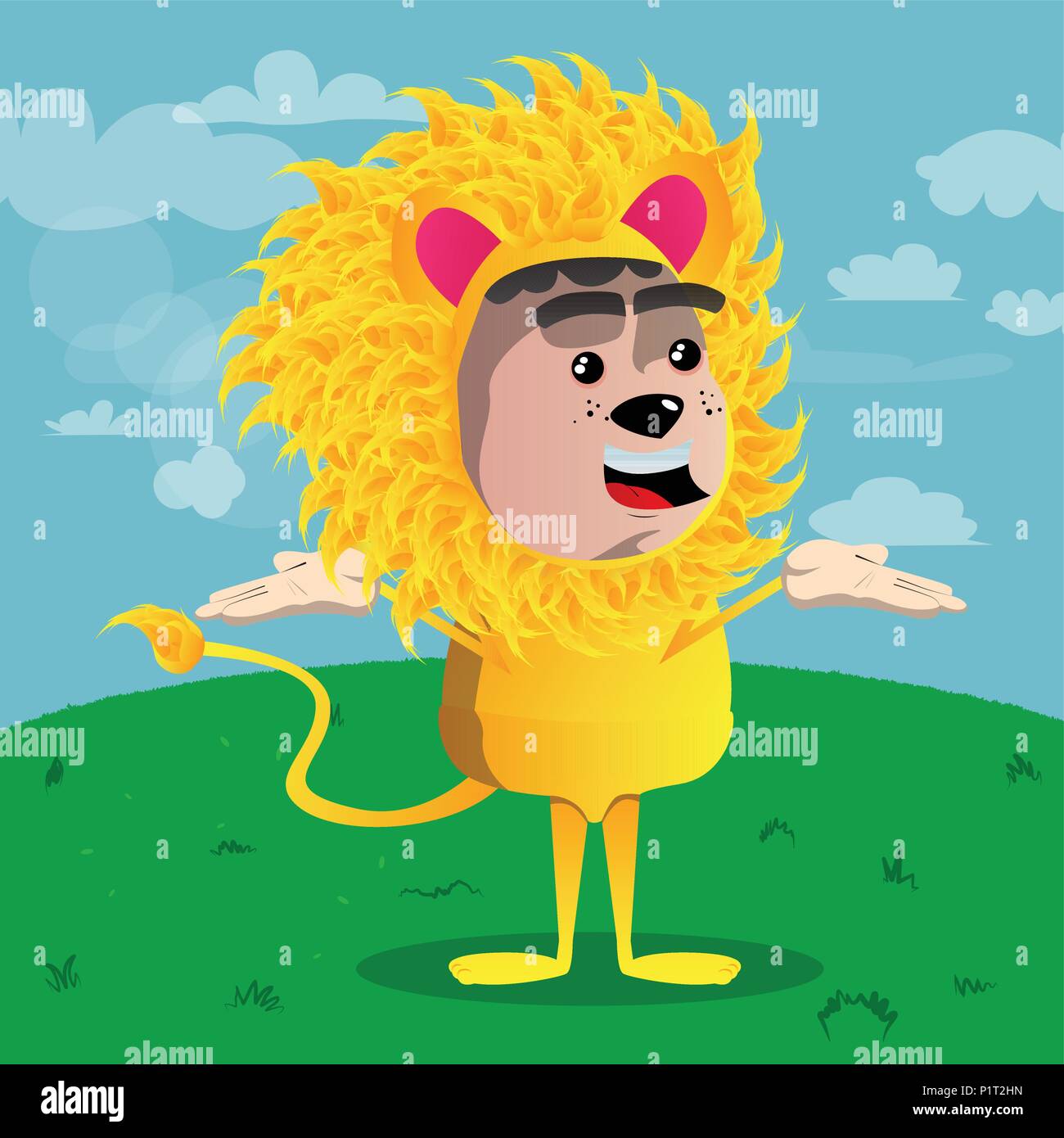 Junge verkleidet als Lion zuckt die Schultern nicht Geste auszudrücken Wissen. Vektor Zeichentrickfigur Abbildung. Stock Vektor