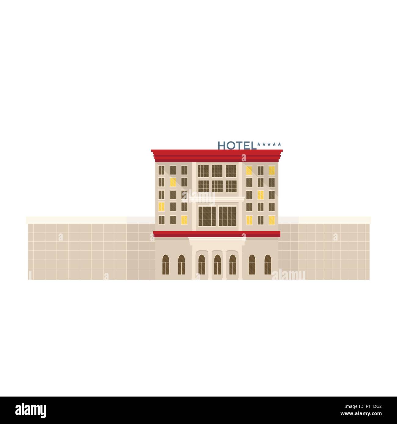 Flache vektor Icon mit teurer Luxus Hotel, detaillierte Unterkunft Fassade auf weißem Hintergrund. Reise und Tourismus Konzept Stock Vektor