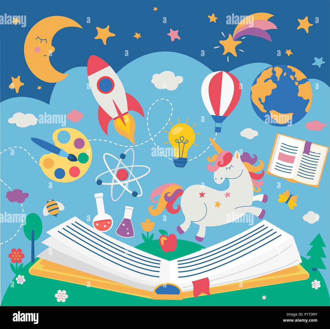 Konzept der Kinder Bildung, während das Buch zu lesen. Buch mit vielen Schulsachen Elemente öffnen. Vector Illustration im flachen Stil. Stock Vektor