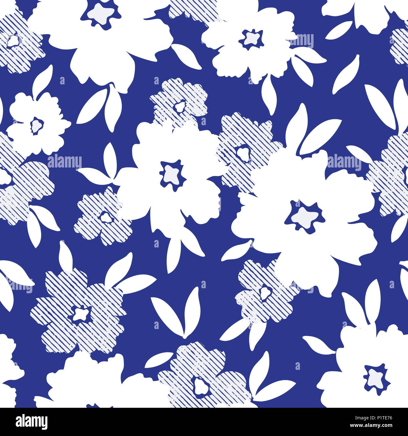 Weiße große Blüten auf blauem Hintergrund. Monochromen vector nahtlose Muster. Florale retro Perfekt für Textilien und Schreibwaren. Stock Vektor