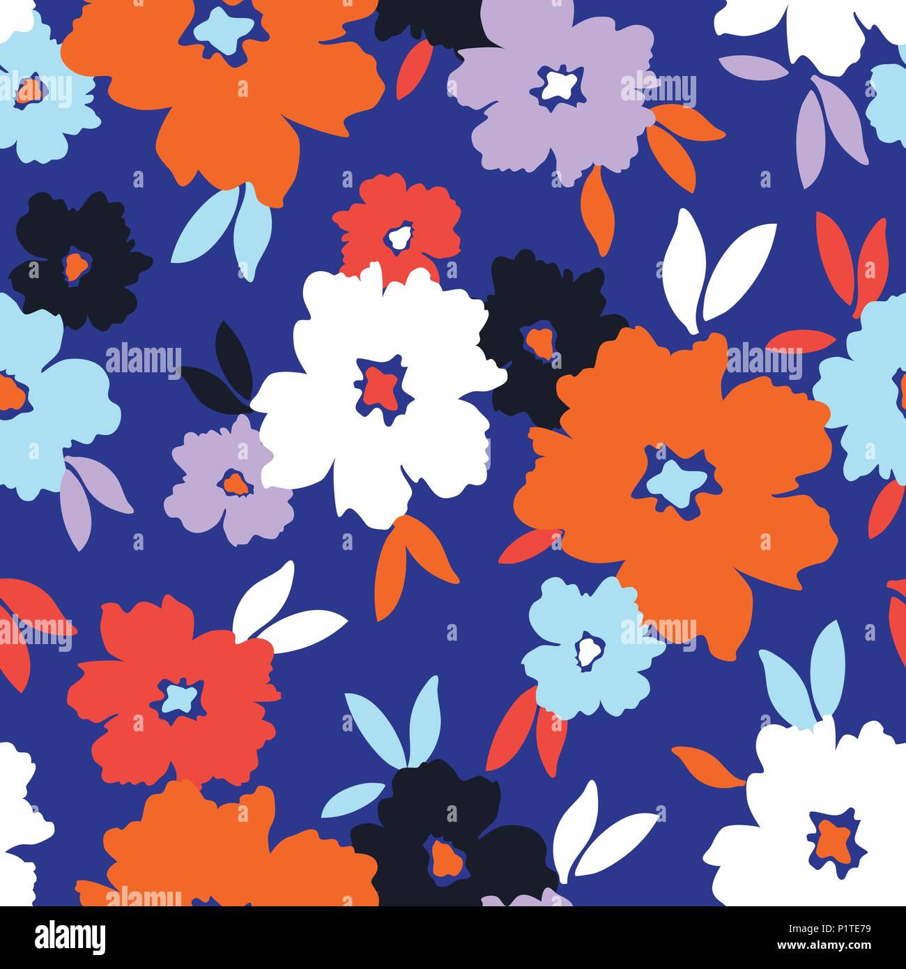 Bunte Grafik große Blüten und Blätter auf blauem Hintergrund. Fett Grafik floral Vektor nahtlose Muster. Stilisierte Retro. Stock Vektor