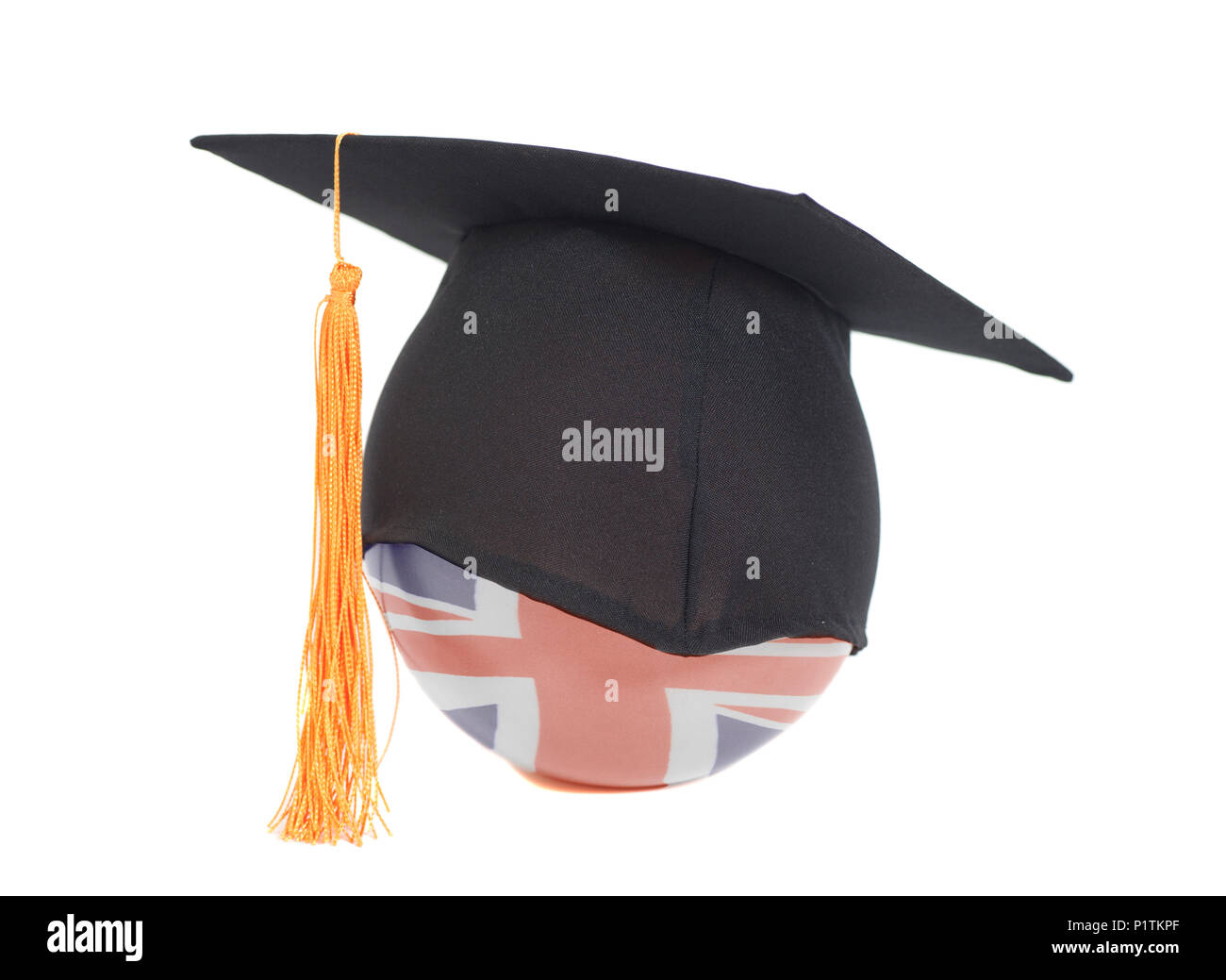 Skalenhaube und Britische Flagge mit weissem Hintergrund Stockfoto