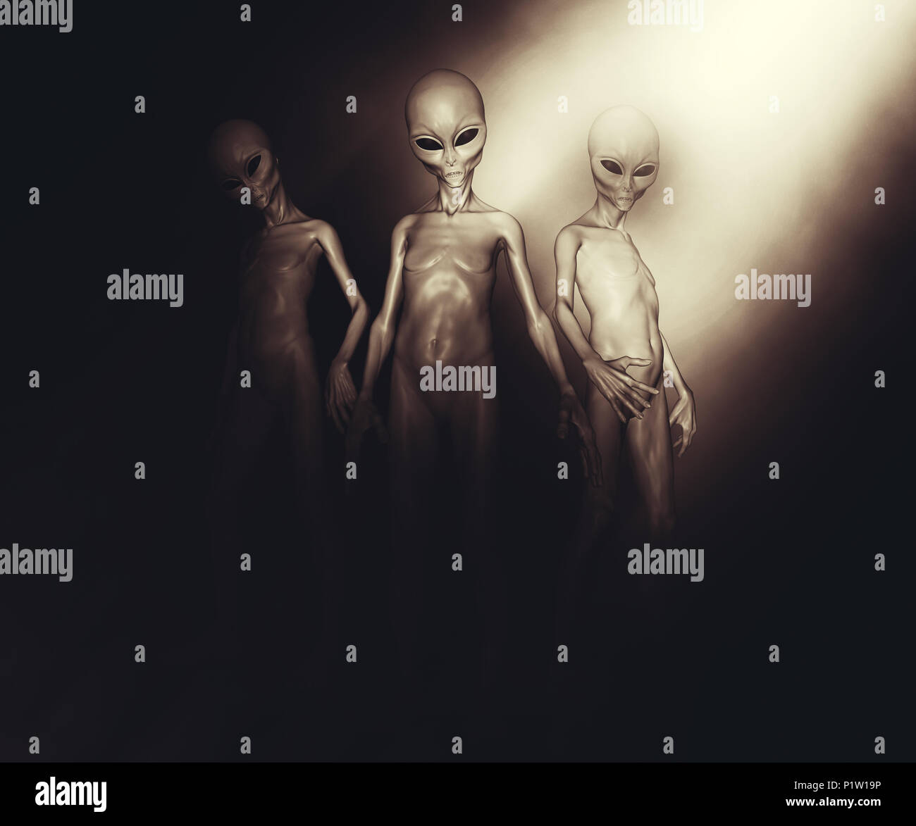 3D-Render einer Gruppe von Außerirdischen in die stimmungsvolle Beleuchtung Stockfoto