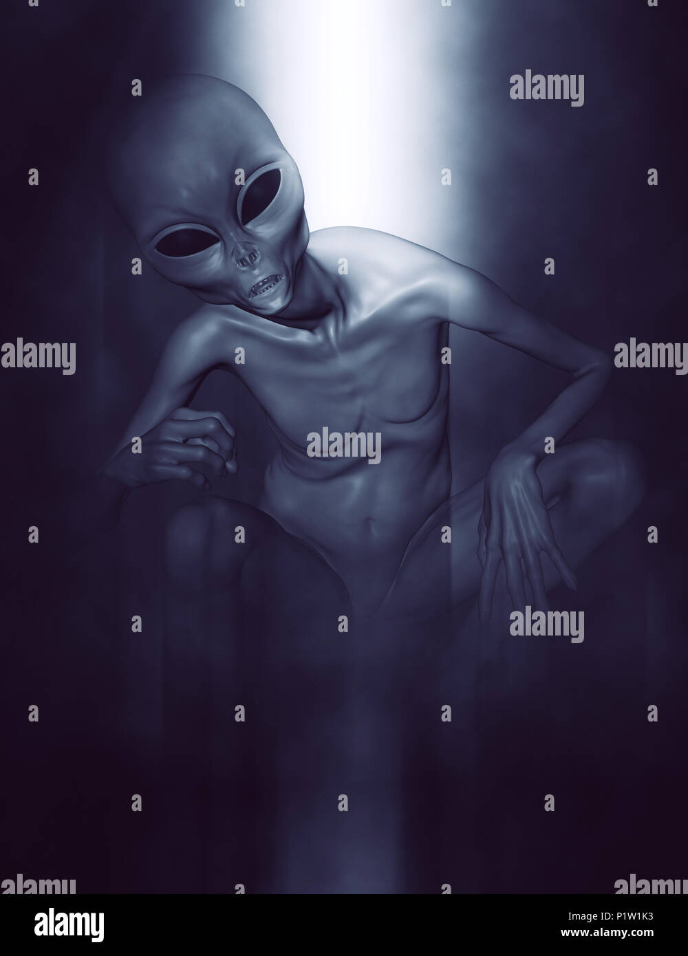 3D-Render von einem grauen Alien in einem kauernden Position in die stimmungsvolle Beleuchtung Stockfoto