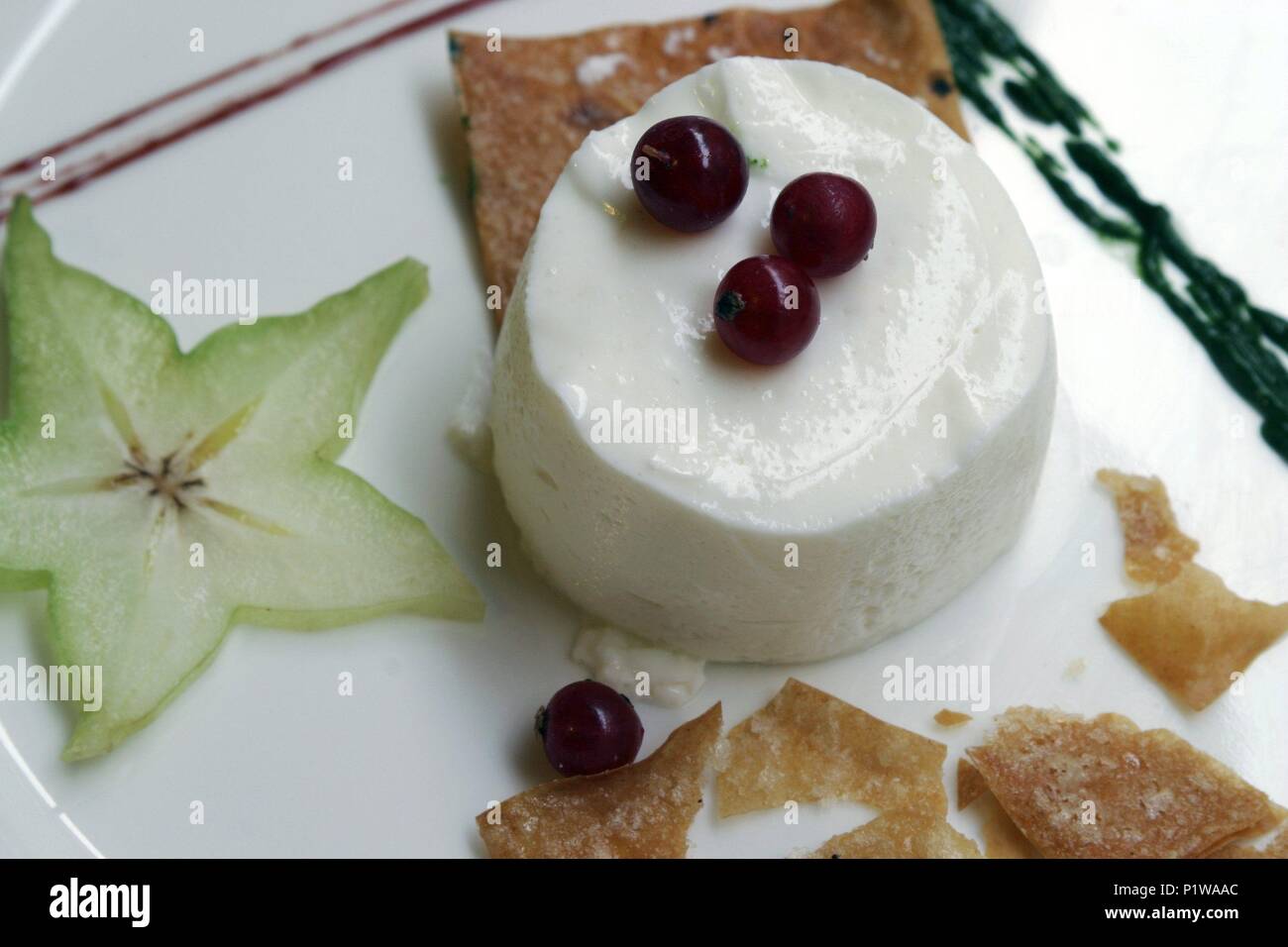 Logroño; Restaurante "Kabanova'; postre: Mousse de youghurt y Karambolen,... reducción de Vino y Menta. Stockfoto