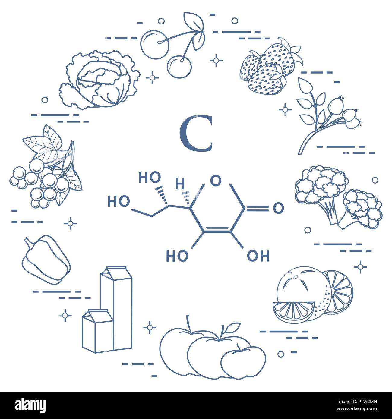 Lebensmittel, die reich an Vitamin C Kirsche, Erdbeere, Dog Rose, Blumenkohl, Orangen, Äpfel, Milch, Milchprodukte, Paprika, Schwarze Johannisbeeren, Kohl. Stock Vektor