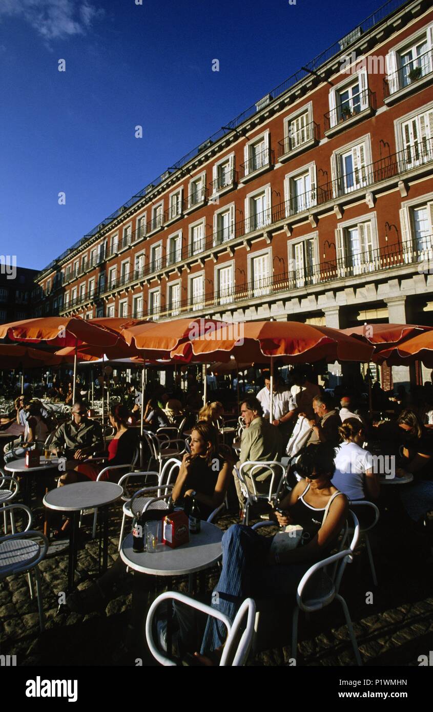 Plaza Mayor/Main Square; Outdoor Bars und Terrassen (Innenstadt) (Madrid de los Austrias). Stockfoto