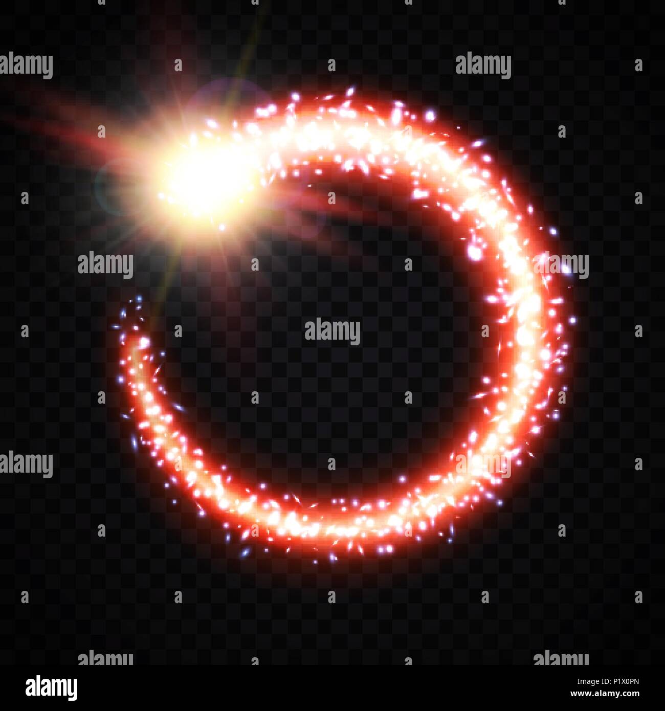 Leuchtenden Kometenschweif Rahmen auf transparenten Hintergrund. Magic Swirl mit glitter Partikeln. Helles Rot Comet mit Staub und Gas funkelnde Spur. Kosmische Licht blinkt. Galaktische Nebel Vector Illustration. Stock Vektor