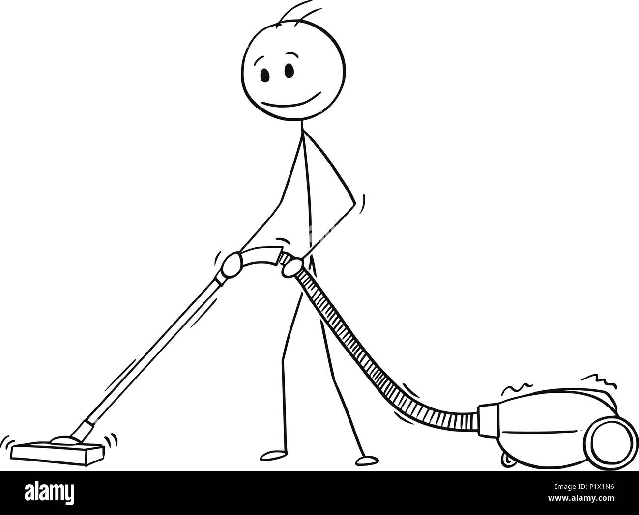 Cartoon von Mann Reinigung Boden oder Teppich mit Staubsauger oder Hoover Stock Vektor
