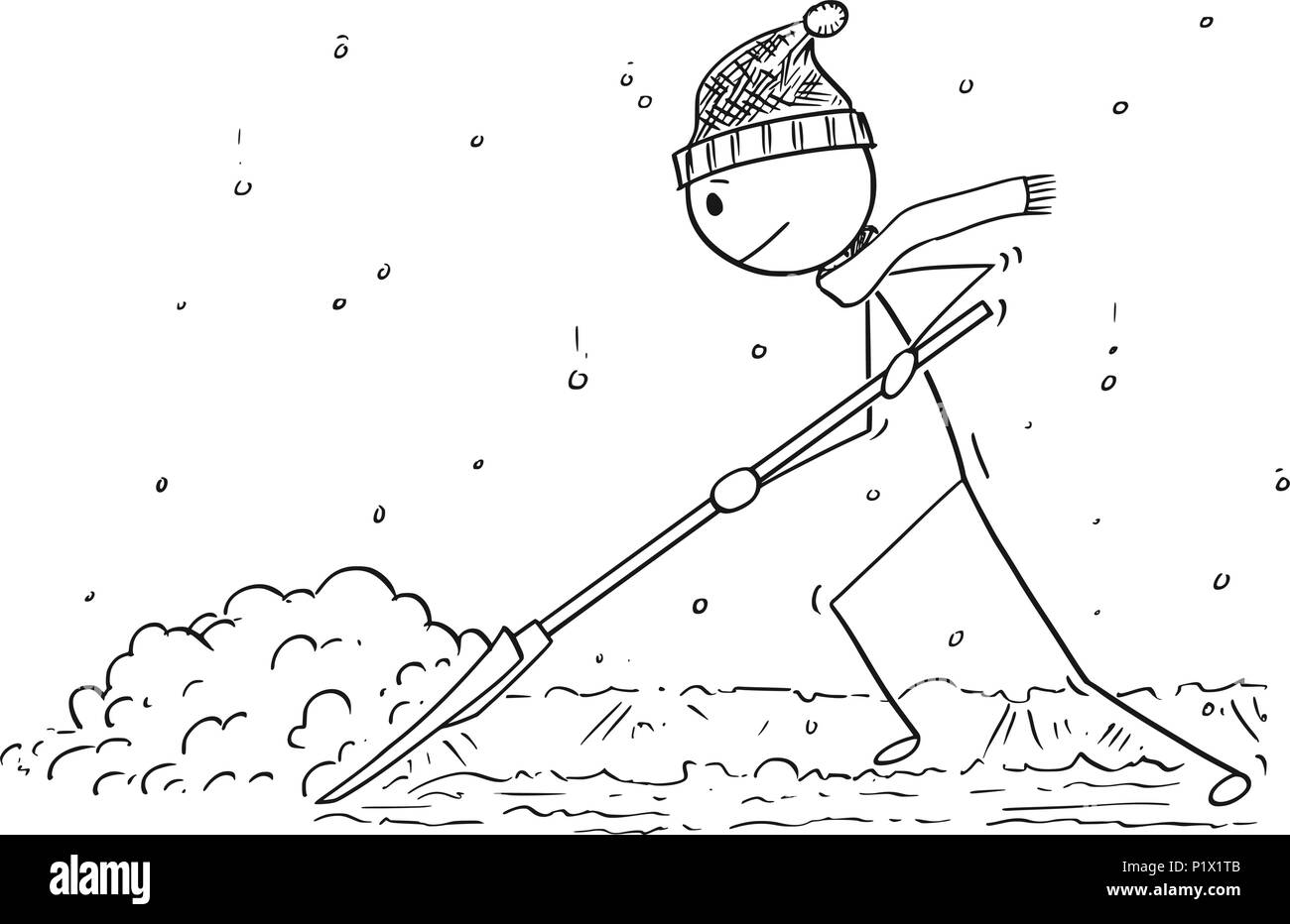 Cartoon von Mann mit Schnee Drücker Schaufeln die Schnee Stock Vektor