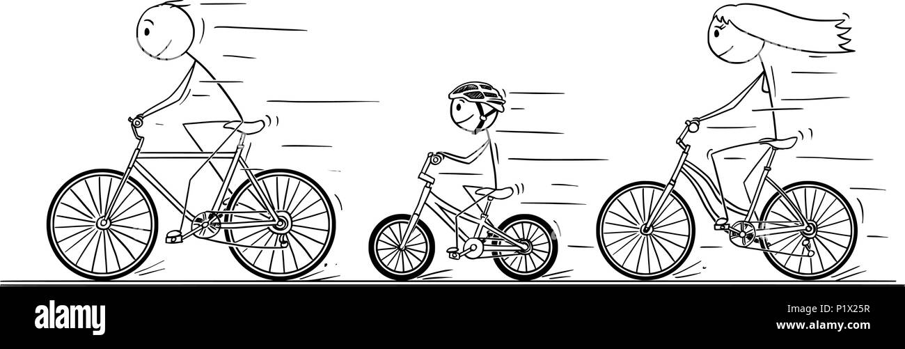 frau klemmt kind mit rucksack auf fahrrad ein cartoon