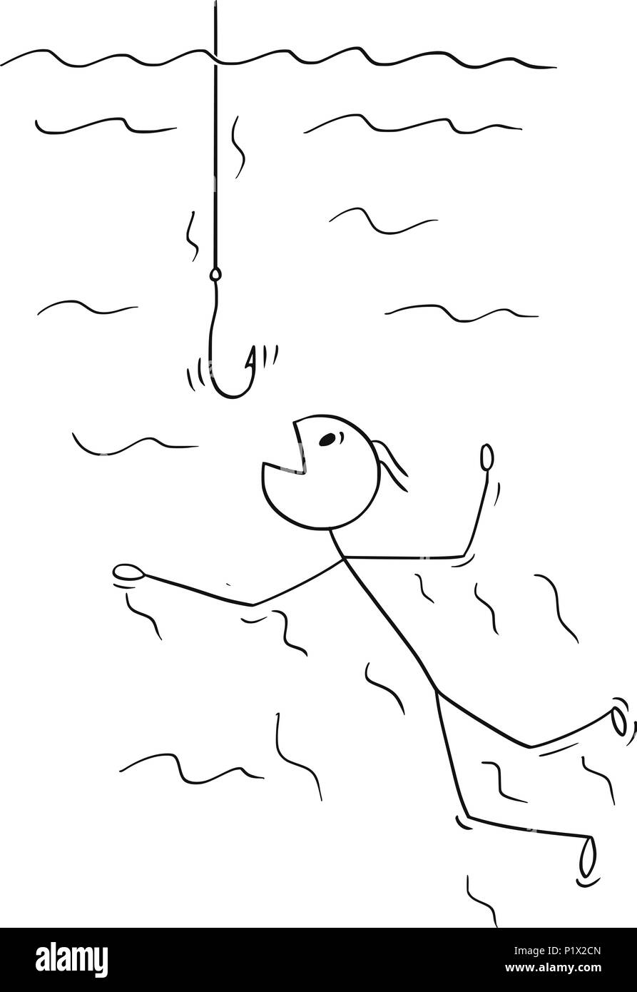 Cartoon von Mann oder Geschäftsmann Schwimmen zu fangen auf Leere Fisch Haken. Stock Vektor