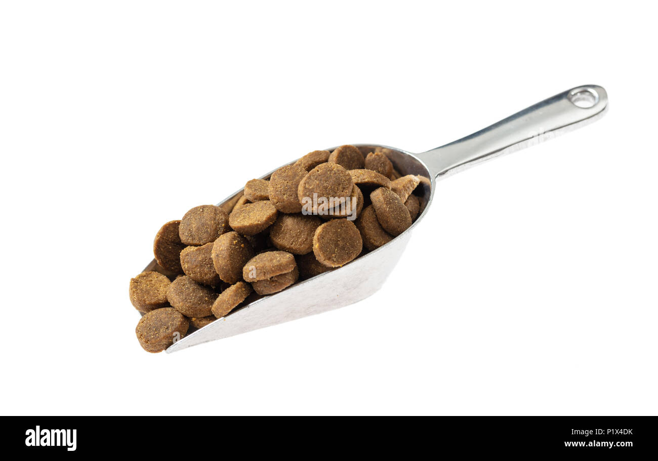Pet-Konzept. Schaufel mit Heimtierfutter, ausgeschnitten und auf weißem Hintergrund. Stockfoto