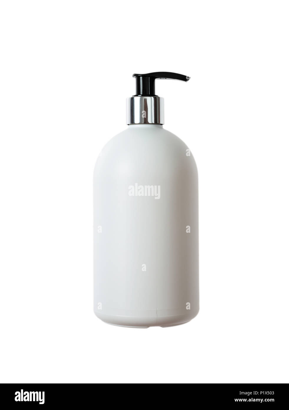 Hygienekonzept. Handseife weiße Flasche, ausgeschnitten und auf weißem Hintergrund Stockfoto