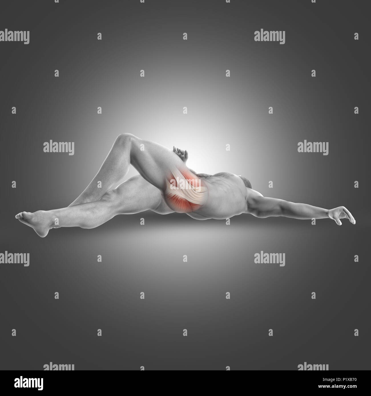 3D-Render eine männliche Figur in Rückenlage tiefe externe Rotator stretch Position Stockfoto