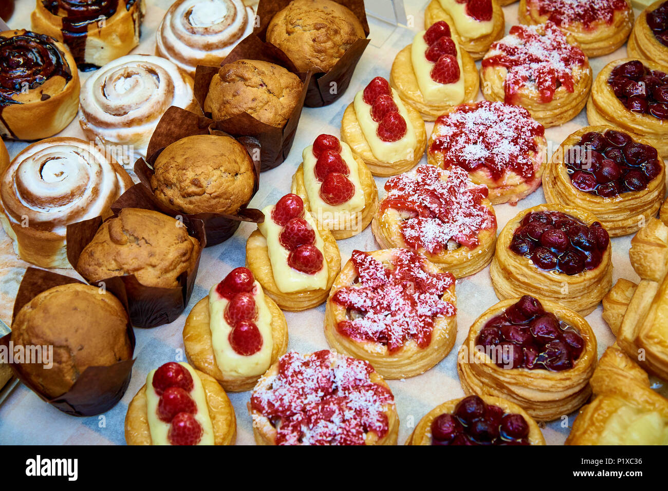 Zeilen einer Vielzahl von zubereiteten Desserts close-up in der Vitrine. Stockfoto