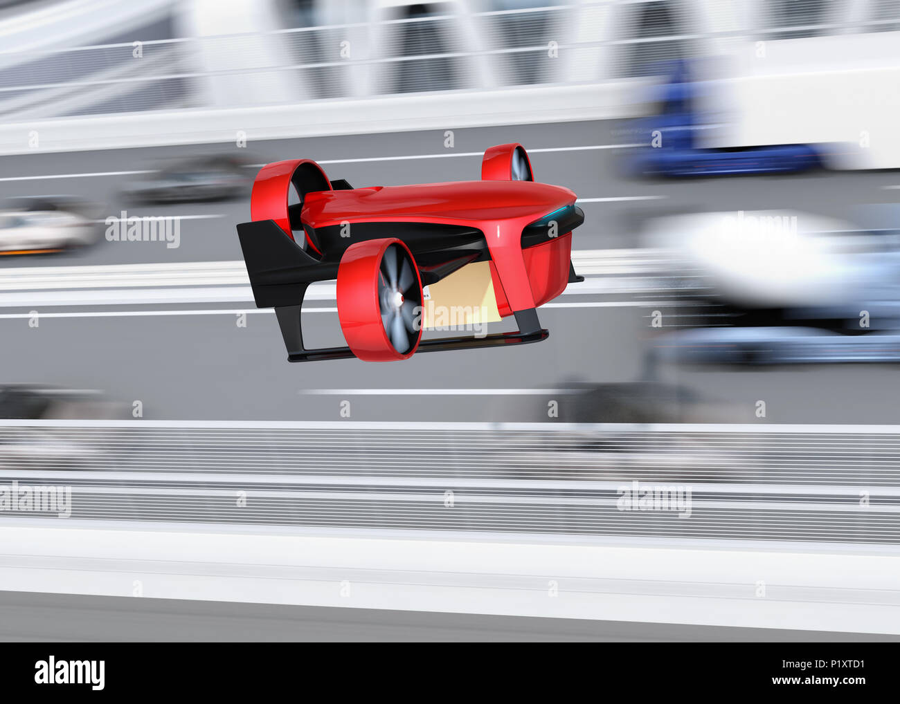 Seitenansicht des Roten VTOL drone Durchführung Delivery Packages neben Autobahnbrücke fliegen. Konzept für den schnellen Lieferservice. 3D-Bild. Stockfoto