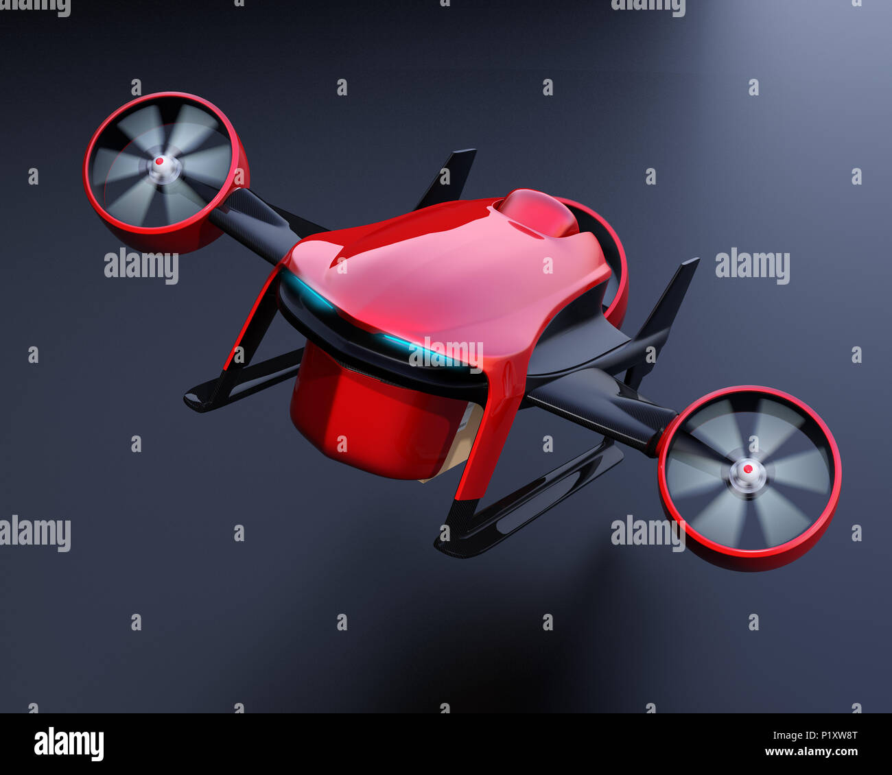 Red VTOL drone Durchführung Delivery Packages Start auf schwarzen Hintergrund. 3D-Bild. Stockfoto