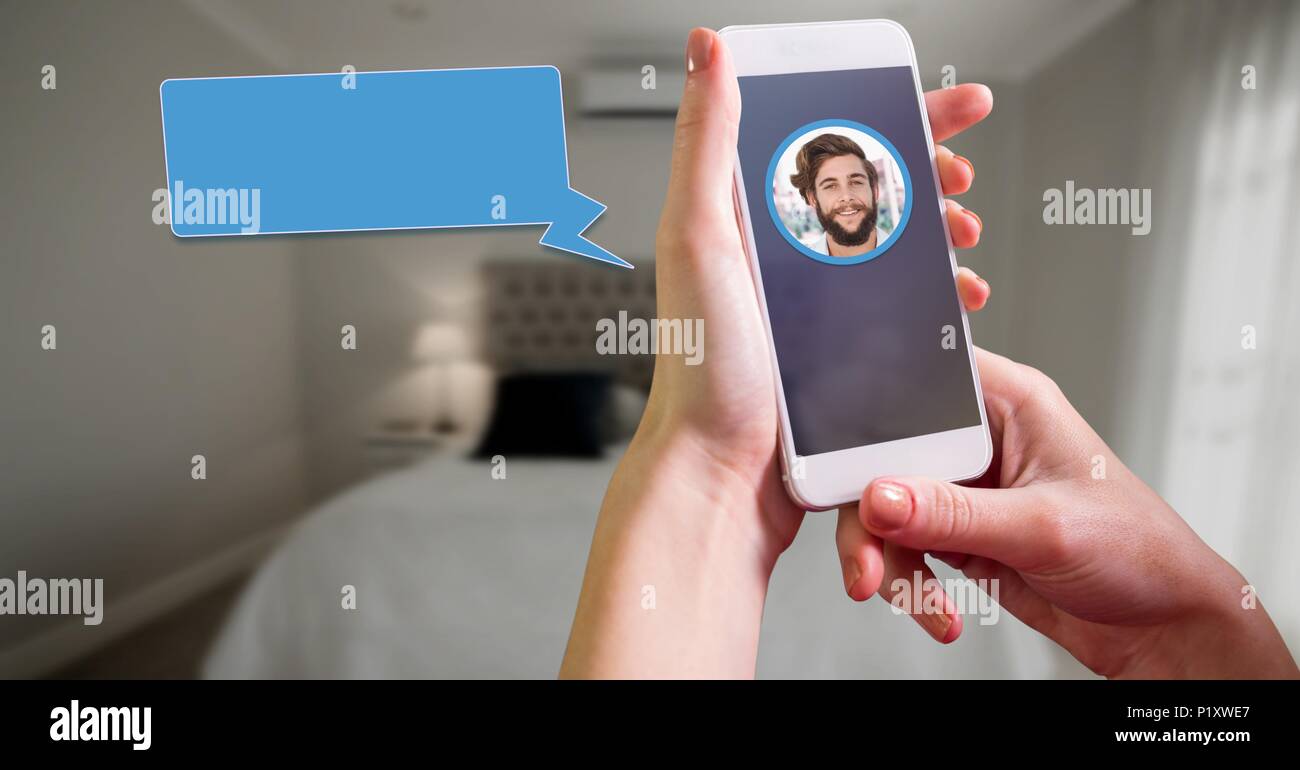 Sms-App auf dem Telefon in der Hand mit Chat Profil Stockfoto