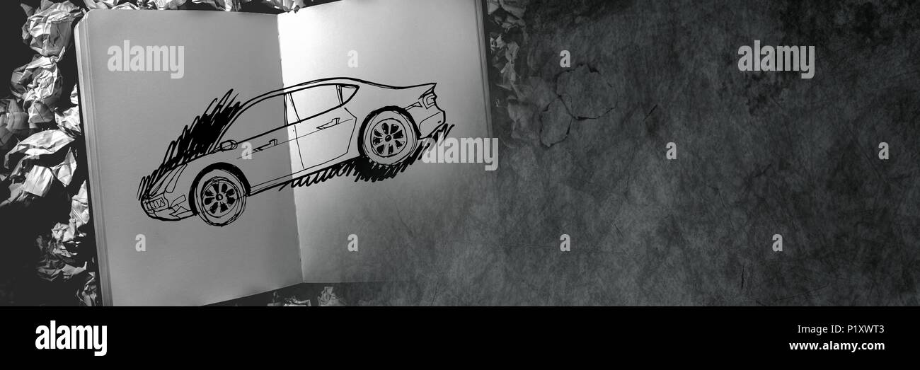 Skizze des Auto hand Zeichnung Idee im Sketch Pad Stockfoto