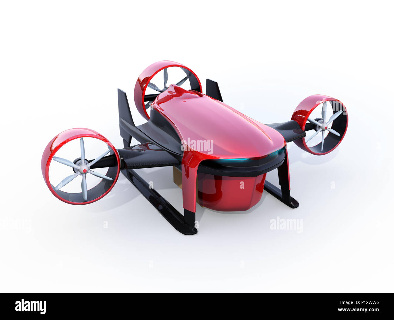 Red VTOL Drone mit Delivery Packages auf weißem Hintergrund. 3D-Bild. Stockfoto