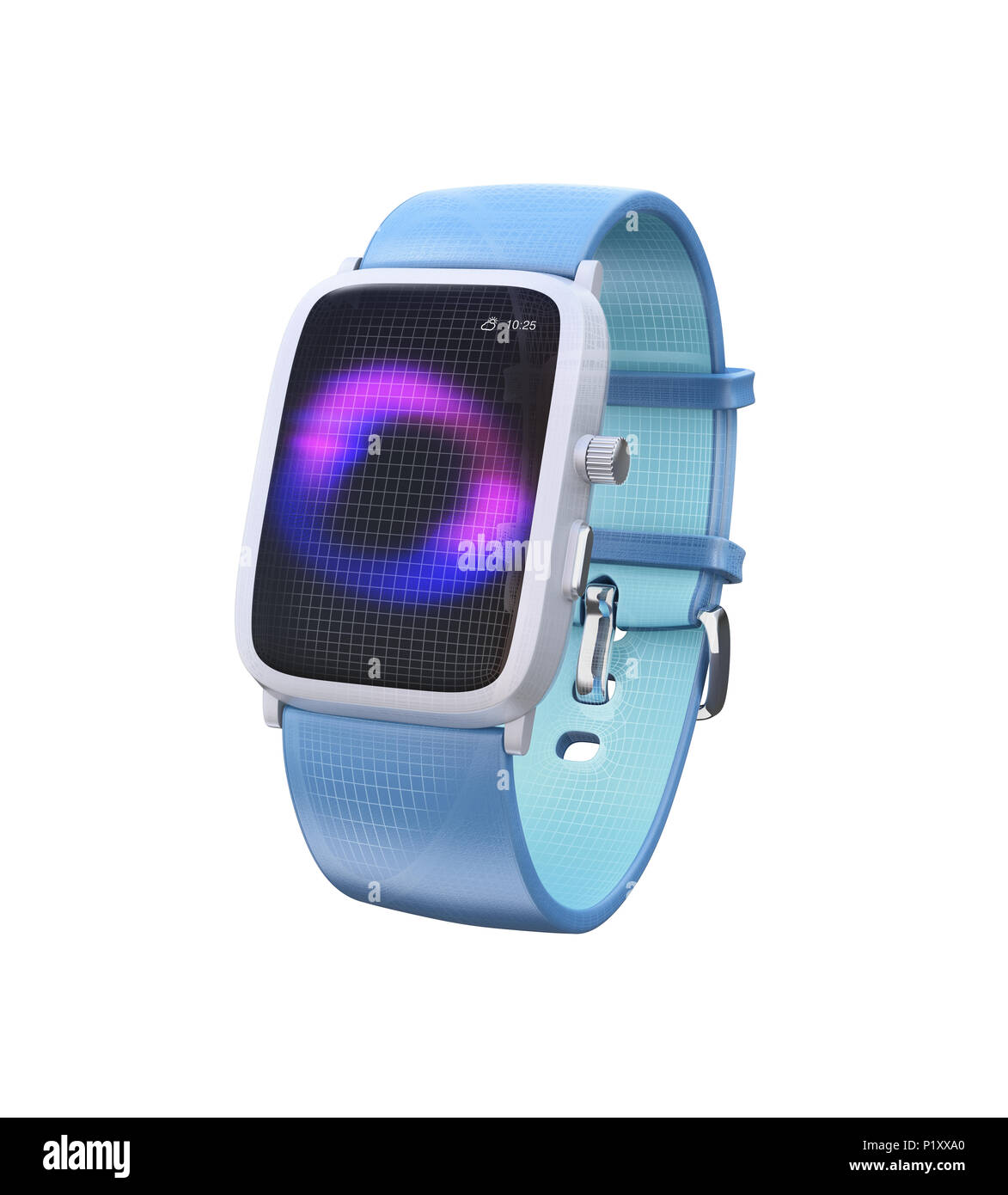 Smart watch mit blauem Leder Armband auf weißem Hintergrund. 3D-Bild. Stockfoto