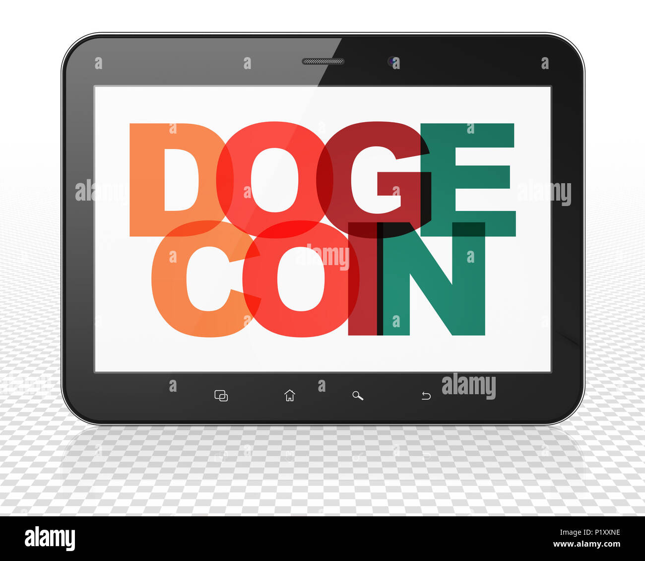 Blockchain Konzept: Tablet PC-Computer mit Dogecoin auf Anzeige Stockfoto