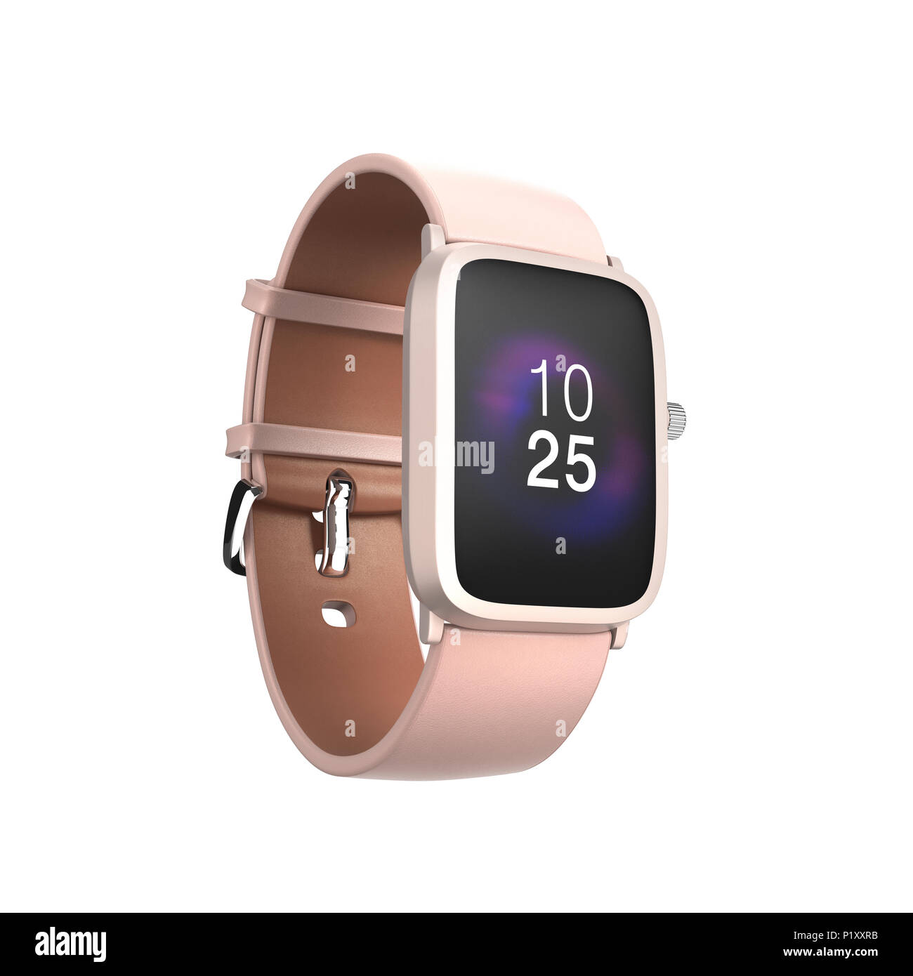 Smart watch mit rosa Lederarmband auf weißem Hintergrund. 3D-Bild. Stockfoto