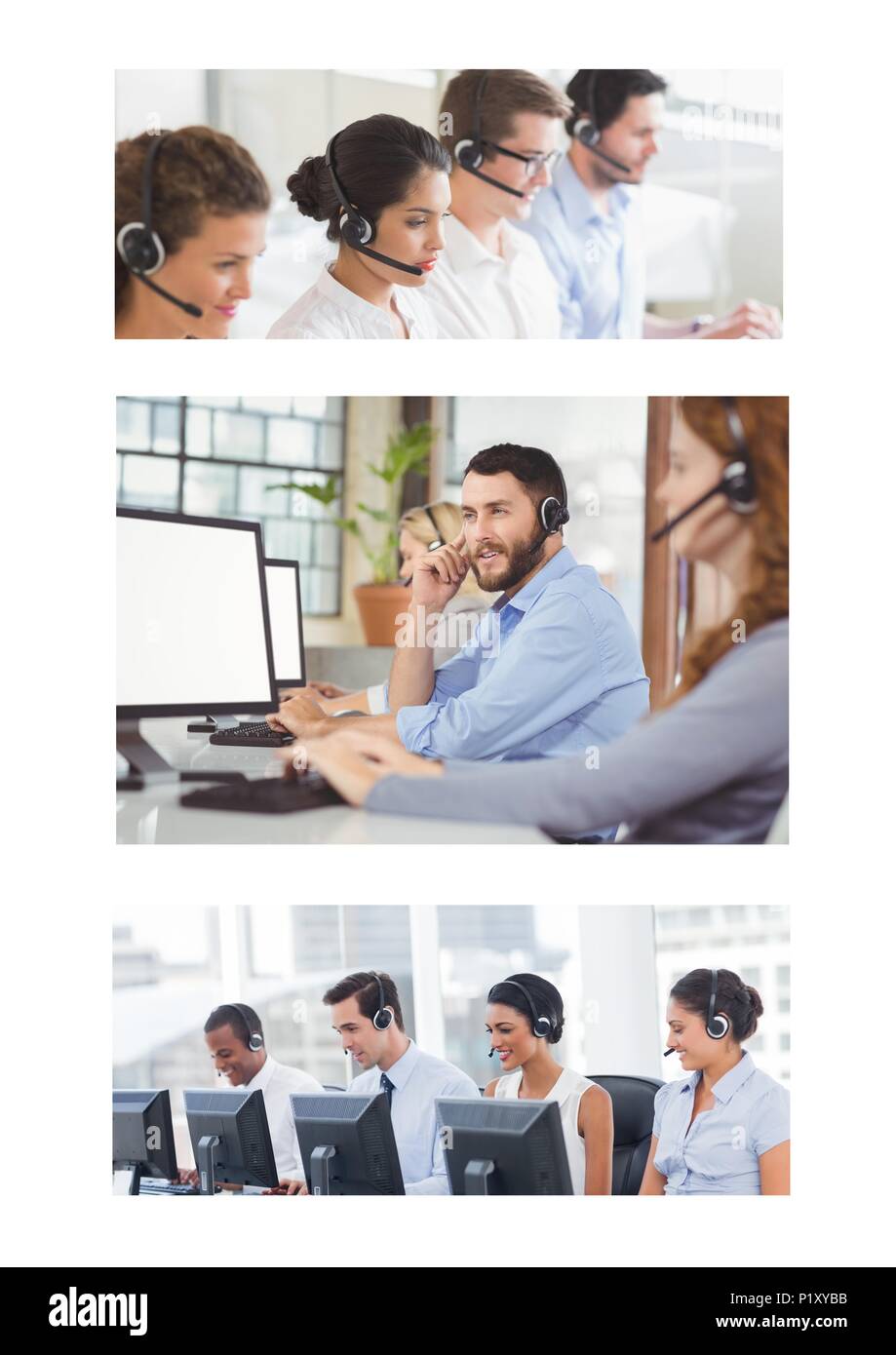 Collage von Customer Service Help Team im Call Center Stockfoto
