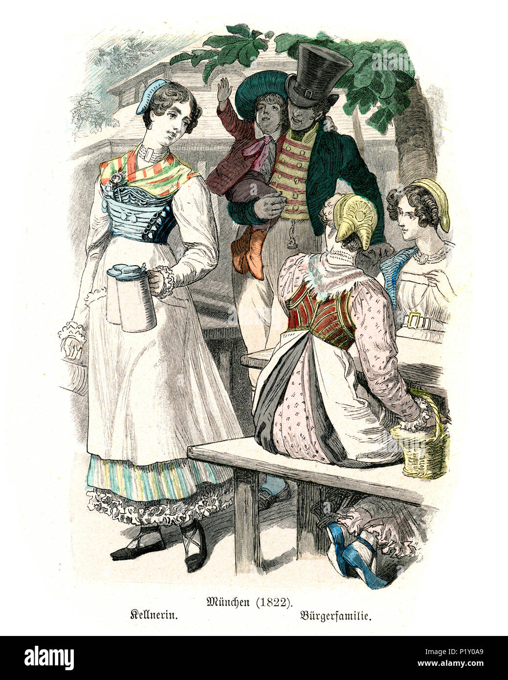 Vintage Gravur der Geschichte der Mode, Kostüme in Deutschland Anfang des 19. Jahrhunderts. München, Kellnerin und Familie, 1822 Stockfoto