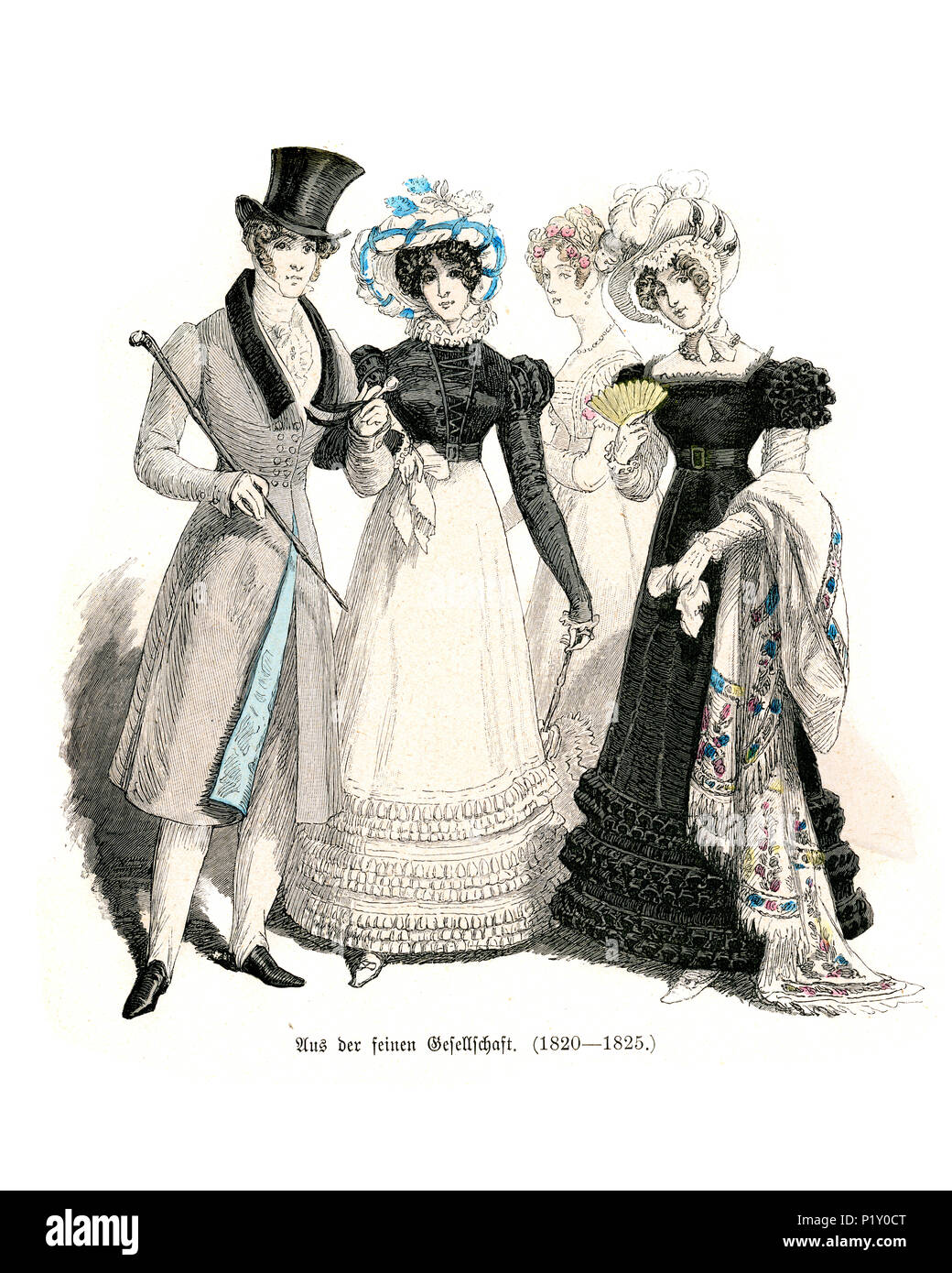 Vintage Gravur der Geschichte der Mode, Kostüme in Deutschland Anfang des 19. Jahrhunderts. Feine Gesellschaft, Mann und Frau 1820 bis 1825 Stockfoto