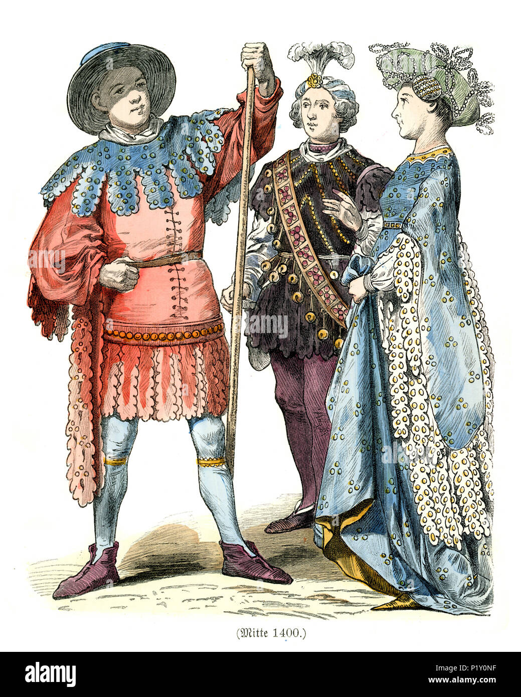Vintage Gravur der Geschichte der Mode, Kostüme in Deutschland Mitte des 15. Jahrhunderts Stockfoto