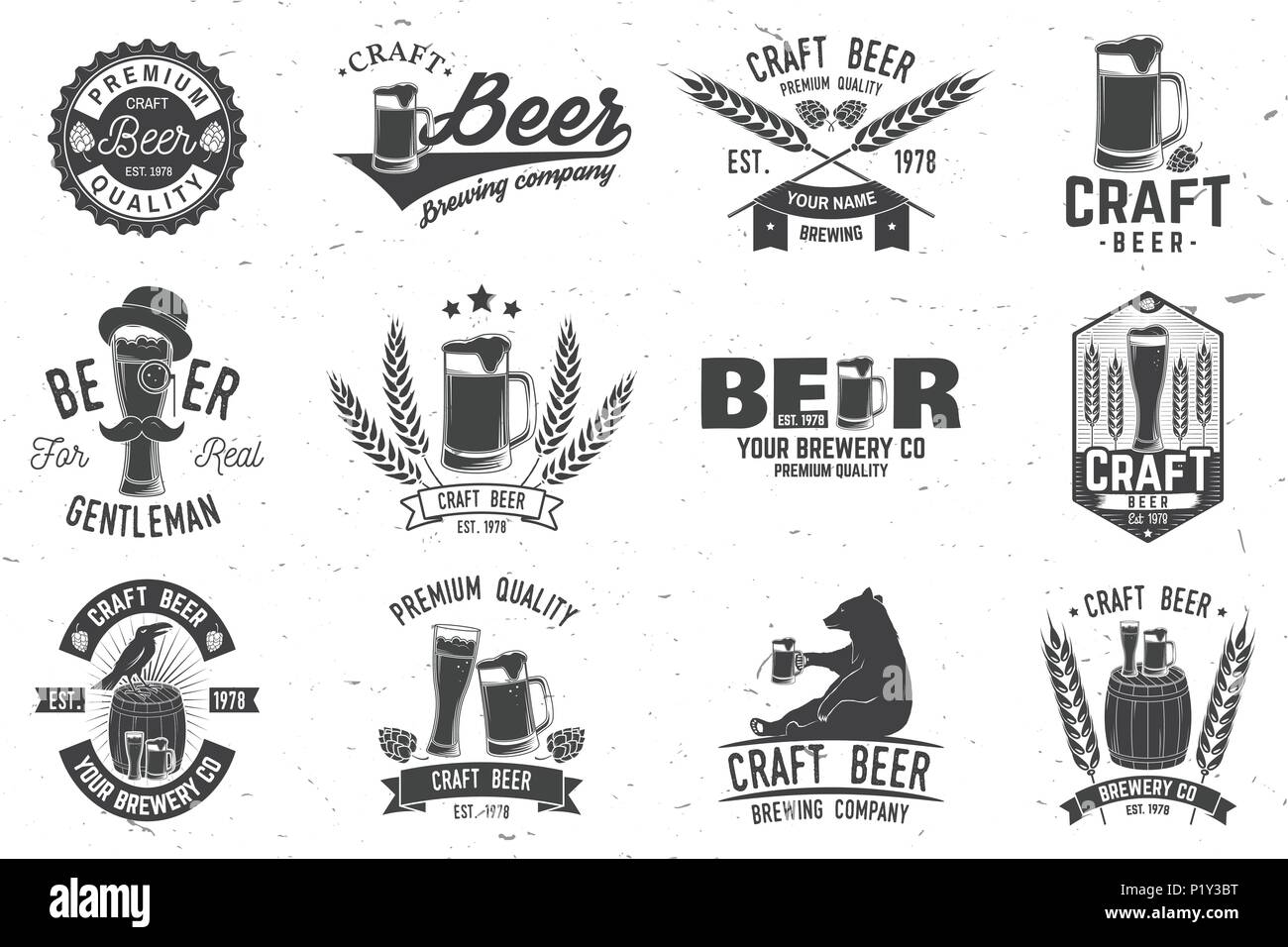 Satz von Handwerk Bier Abzeichen mit Hopfen, Raven und Tragen. Vector Illustration. Vintage Design für eine Bar, ein Pub und ein Restaurant. Untersetzer für Bier. Stock Vektor